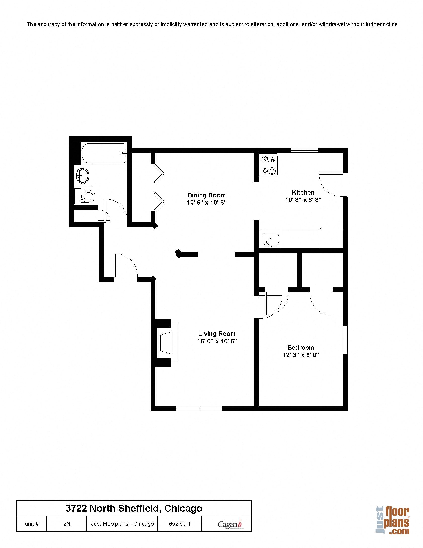 Floor plan for 1 bed, 1 bath, 652 sqft